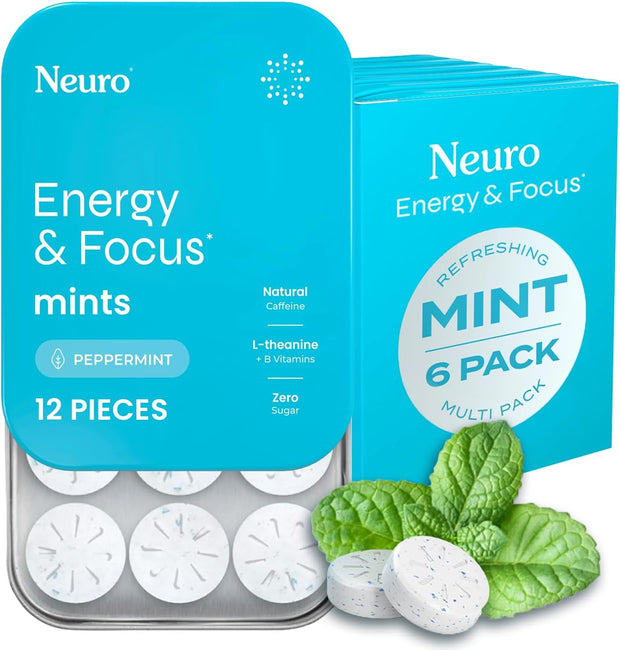 Neuro Energy & Focus Mints - Sugar Free Breath Mints with 80mg Natural Caffeine, B Vitamins & L-Theanine - Vegan Brain Supplement for Exercise, Study & Daily Focus - Peppermint, 72 ct