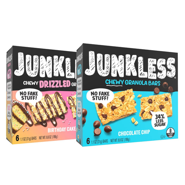 JUNKLESS Chewy Granola Bar 4‑Flavor Variety Pack (24 Bars)–Non‑GMO, Gluten‑Free, Less Sugar Snack Bars— Chocolate Chip, Peanut Butter Chocolate Chip, Cinnamon Roll & Real Strawberry, 4 Boxes