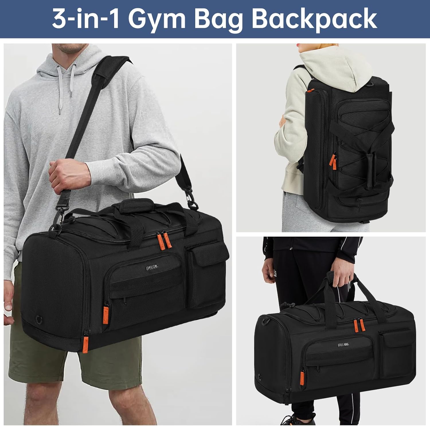Gym Bag for Men Women, Water-resistant Sports Duffle Backpack, Travel Duffle Bag with Shoe Laptop Compartment, Weekender Overnight Carry On Backpack for Gym Travel (Black)