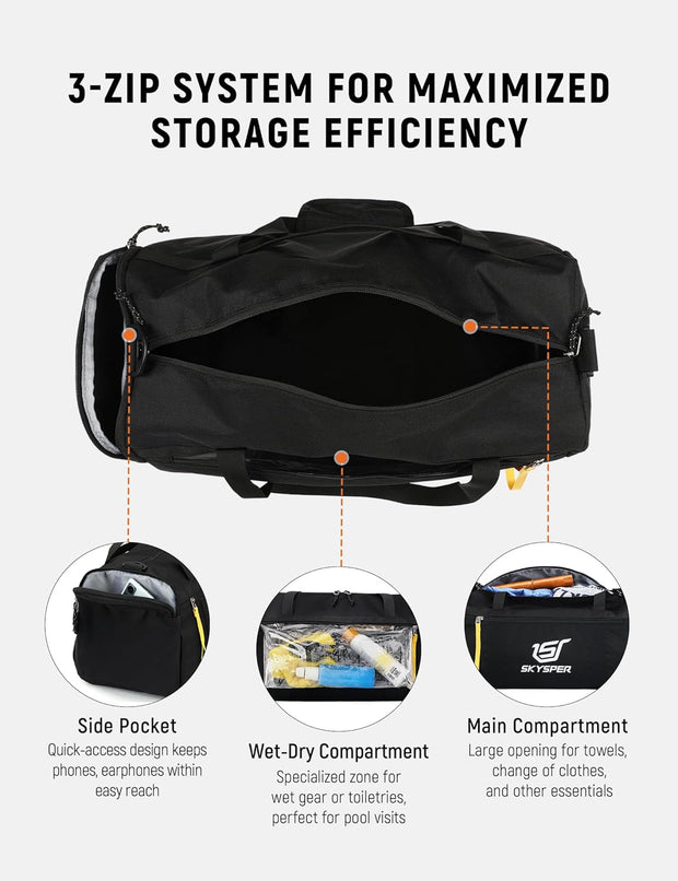 SKYSPER 30L Gym Duffel - Sports Bag Small with Wet Pocket for Sport, Travel, Fitness & Workout Men Women(Black)