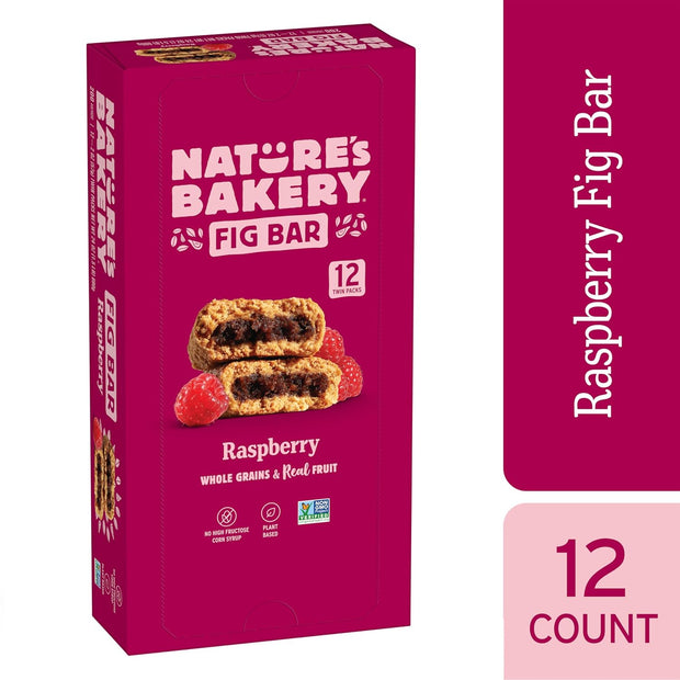 Nature’s Bakery Whole Wheat Fig Bars, Raspberry, Real Fruit, Vegan, Non-GMO, Snack bar, 1 box with 12 twin packs (12 twin packs)