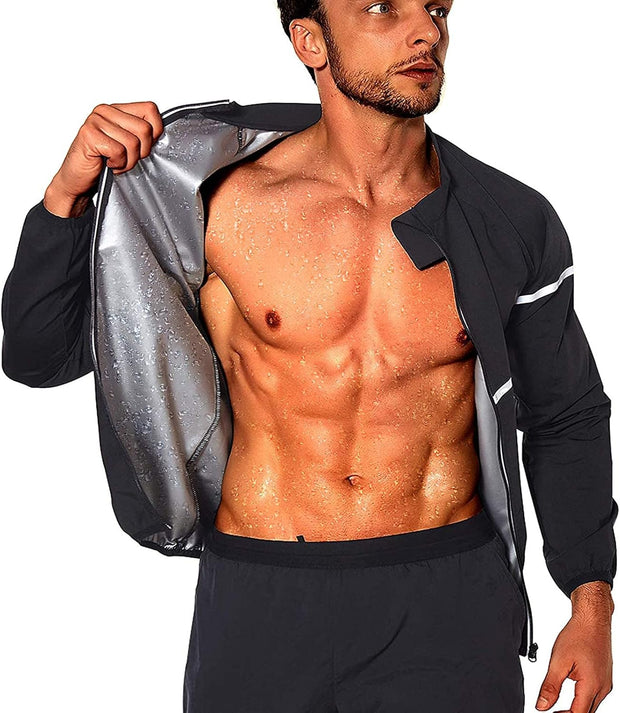 Sauna Suit for Men Sweat - Long Sleeve Shirt Jacket Workout Body Shaper Zipper Top Slimming Fitness Trainer Gym