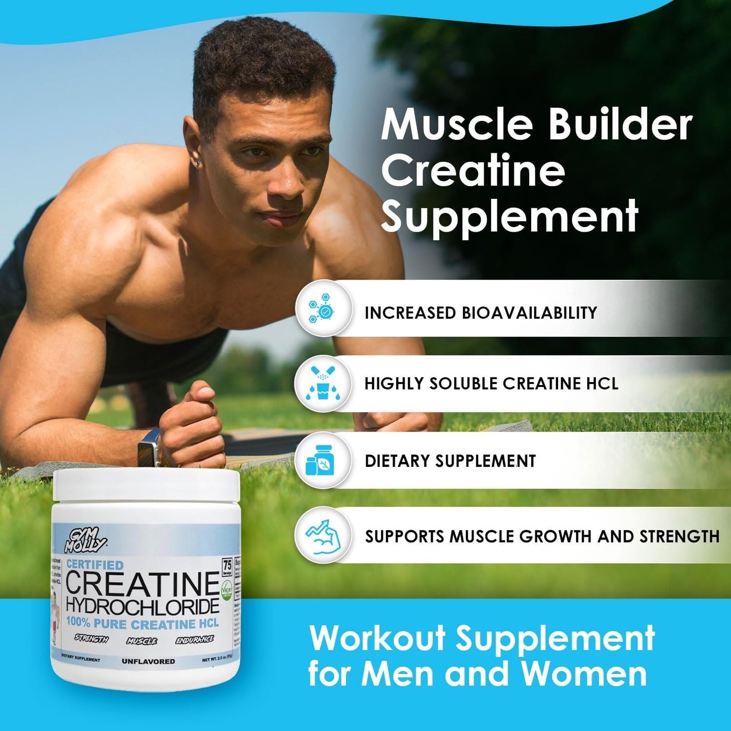 Gym Molly Creatine Hydrochloride Powder, Highly Soluble Creatine Hydrochloride, Unflavoured, Vegan, Workout Supplement for Men and Women, Muscle Builder Creatine Supplement (75 Servings, 750mg)