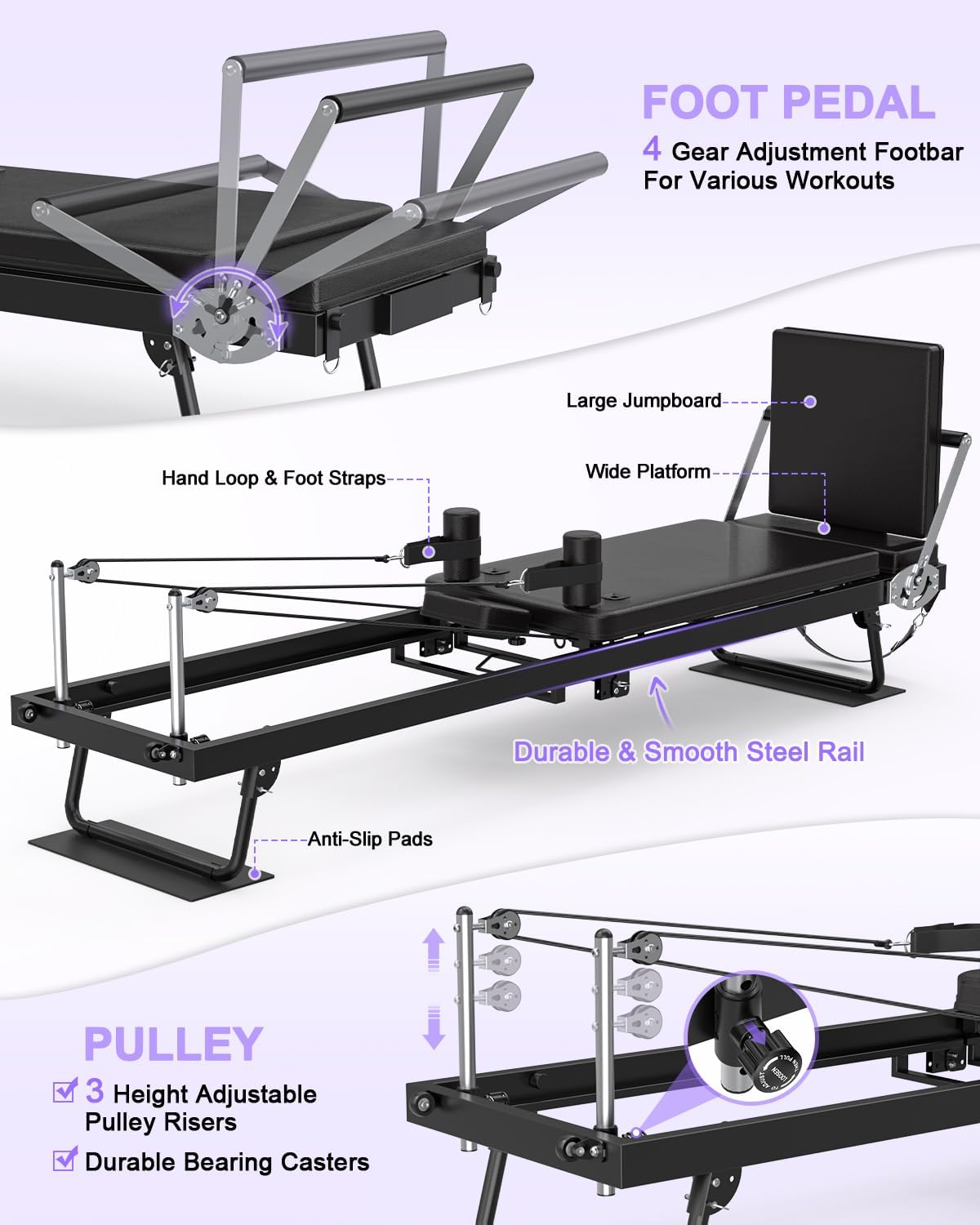 91“ Pilates Reformer Machine – Foldable Full-Body Home Pilates Equipment with Adjustable Resistance, Jumpboard, Upgraded Wheels, 400lb Support, for Rehab & Core Strength