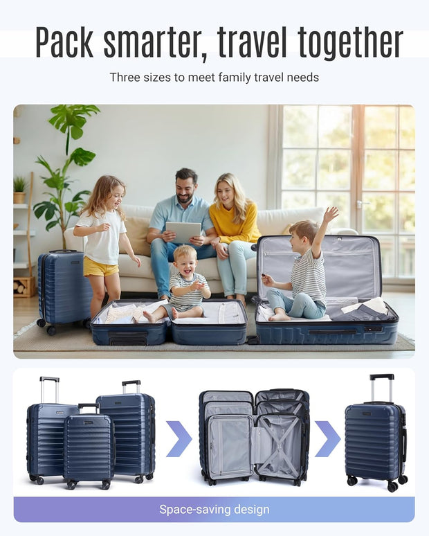 LIGHT FLIGHT Luggage Sets, 3 Piece Durable Suitcase Set with Spinner Wheels, 3 Pcs Hardside Lightweight luggage with TSA Lock, Large Checked Travel Suitcases, 20/24/28 Inch, Dark Blue