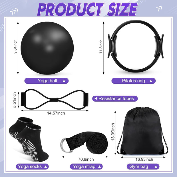 Poen 18 Pcs Pilates Ring Kit Home Pilates Ring Circle and Ball Set for Women Yoga Fitness Set with 5 Resistance Band Stretching Strap Non Slip Sock Ball Core Slider Wristband Headband Gym Bag