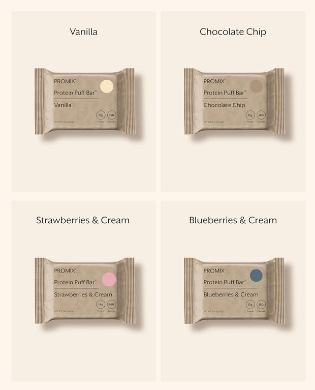 ProMix Nutrition Protein Puff Bars - Variety Pack - Vanilla, Chocolate, Strawberry, Blueberry - Marshmallow Crispy Treat - High Protein & Low Calorie - 12 Bars