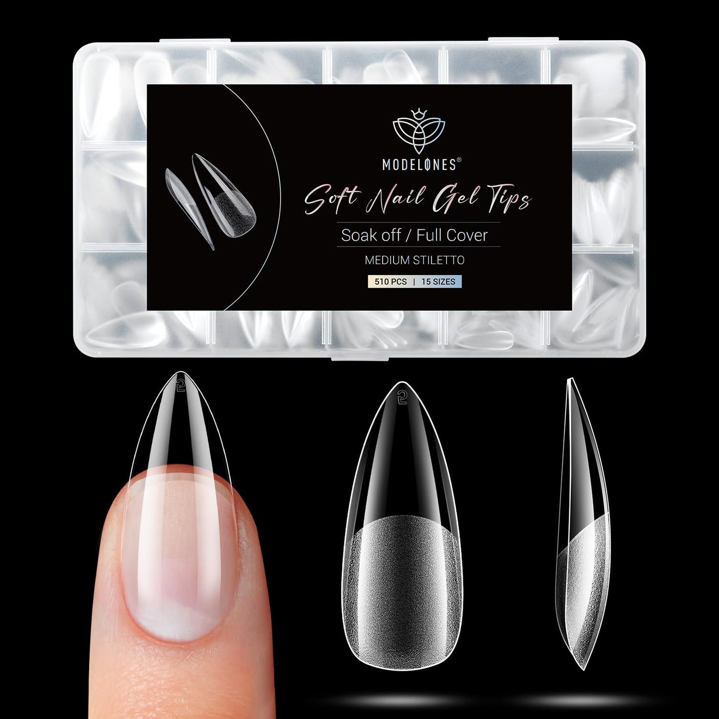 Modelones Medium Almond Nail Tips 510Pcs Clear False Acrylic Almond Press on Nails Pre-shape Full Cover Fake Extension DIY at Home 15 Sizes