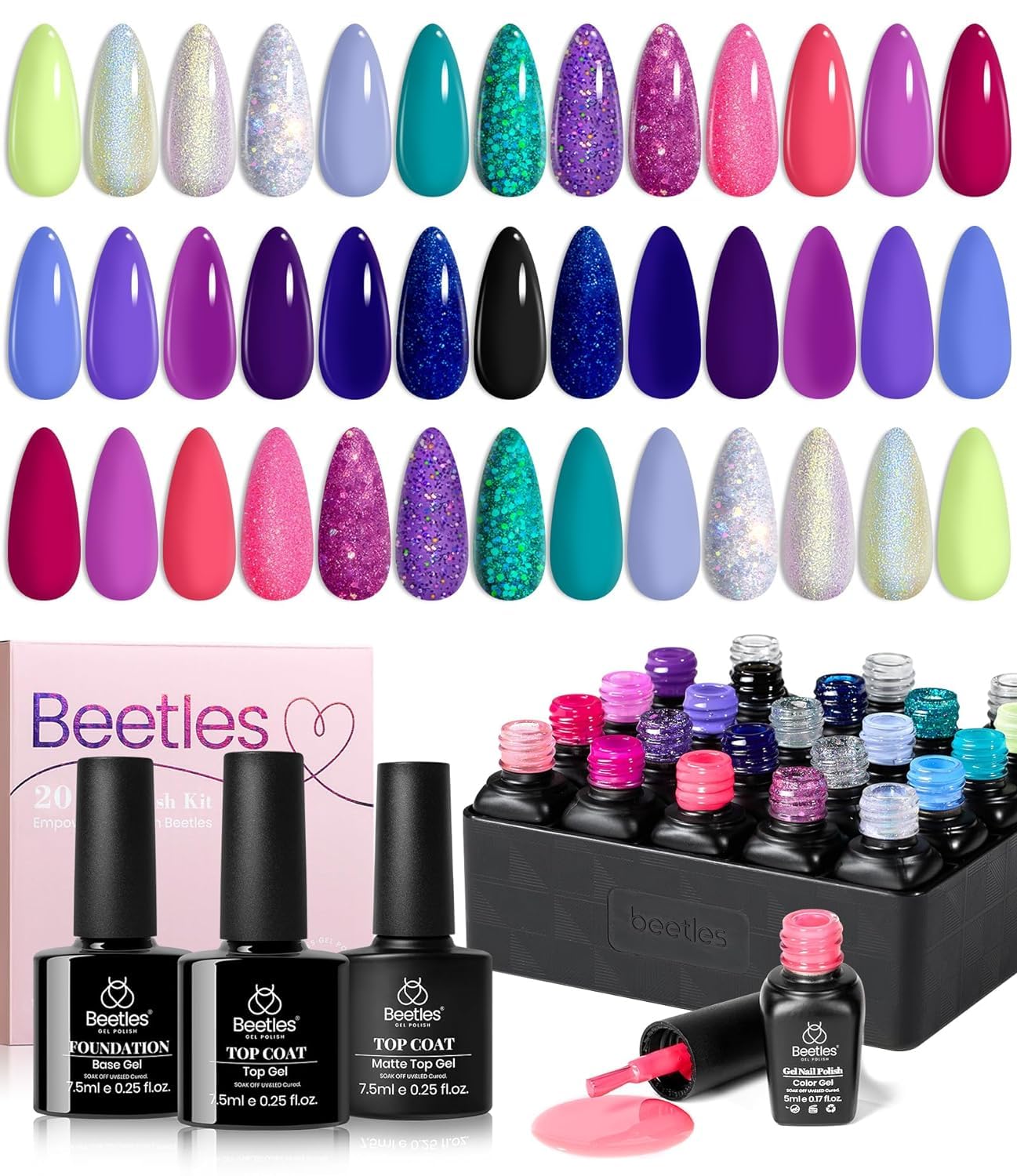 Beetles Cat Eye Gel Nail Polish Set-36 Colors Red Purple Brown Green Burgundy Magnetic Gel Nail Polish with Base Gel Glossy Matte Top Coat Magnet,Soak off UV Nail Gel DIY Nail Art Gift for Women