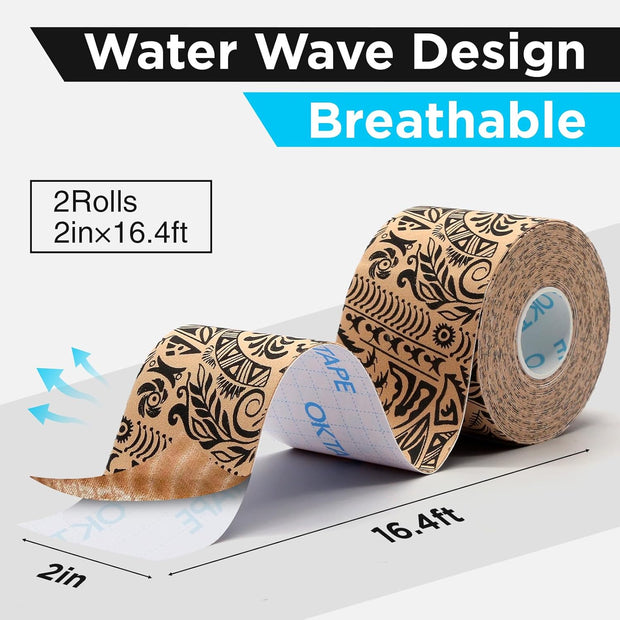 OK TAPE Hypoallergenic Digtal Printed Kinesiology Tape, Elastic Sports Athletic Tape, 2 Rolls, 2in×16.4ft Uncut Roll-DIY