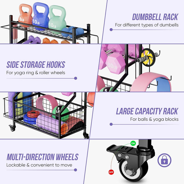 WUC Dumbbell Rack, Adjustable Weight Rack for Home Gym Storage for Dumbbells Kettlebells Yoga Mat & Balls, All in One Workout Equipment Storage Rack with Wheels, Powder Coated Steel, Black