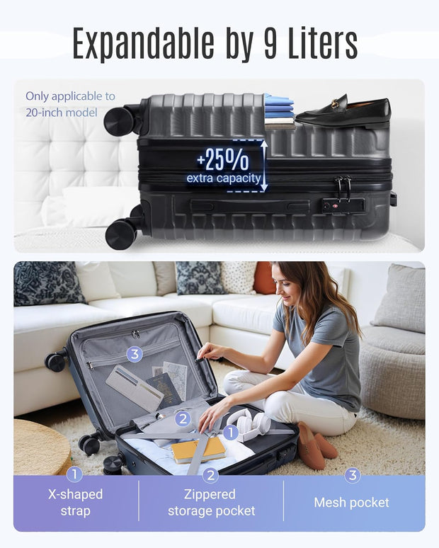 LIGHT FLIGHT Luggage Sets, 3 Piece Durable Suitcase Set with Spinner Wheels, 3 Pcs Hardside Lightweight luggage with TSA Lock, Large Checked Travel Suitcases, 20/24/28 Inch, Gray