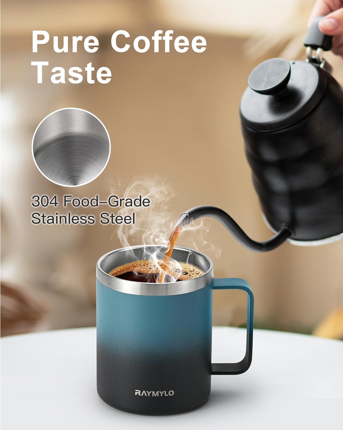 Insulated Coffee Mug 12 oz, Double Wall Stainless Steel Coffee Mug with Lids, Leak-Proof & Detachable Slider Lid for Thorough Clean, Keeps Coffee Cold for 9 Hrs, Suitable for Camp Home Office