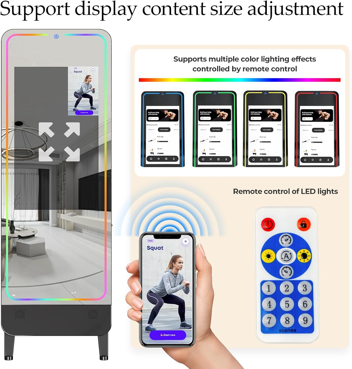 32" Smart Gym Mirror for Home Gym Workout, No VIP Required, 1080P HD Screen, 55" Mirror, Screen mirroring/Miracast/Screen Projection Support Various APP, with Light and Sound Control