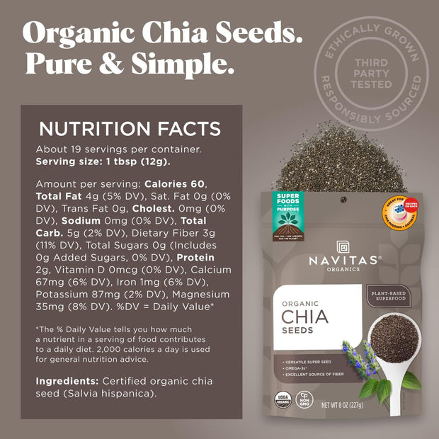 Navitas Organics Chia Seeds – For Chia Pudding, Smoothies, Baking, Salads & More – Omega 3, Fiber, Minerals - USDA Organic, Non GMO, Kosher, Gluten Free, Keto (16oz. Bag, 15 Servings)