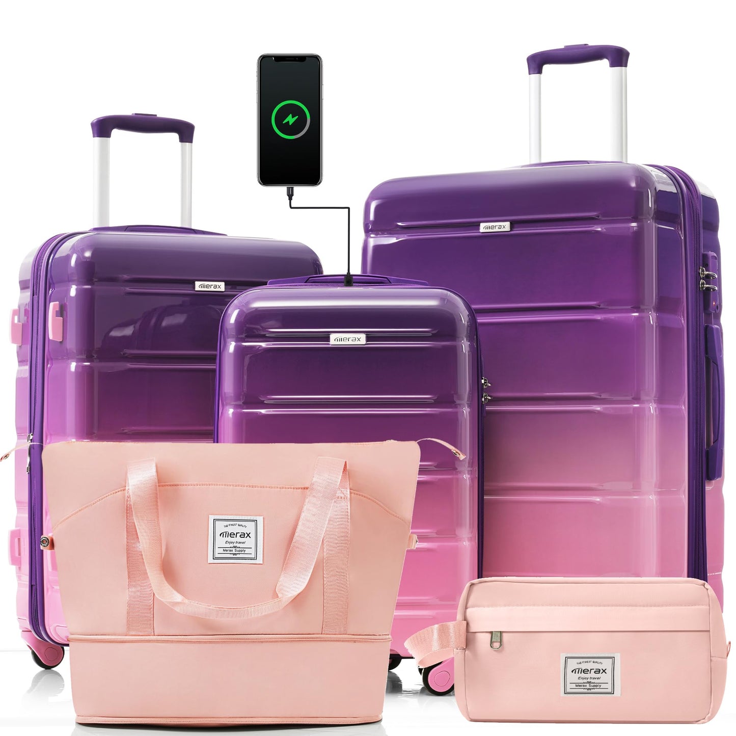 Merax Luggage Sets 3 Pcs, ABS Hardside Suit case with Spinner Wheels Lightweight TSA Lock, Gradient Pink, 20/24/28 Inch