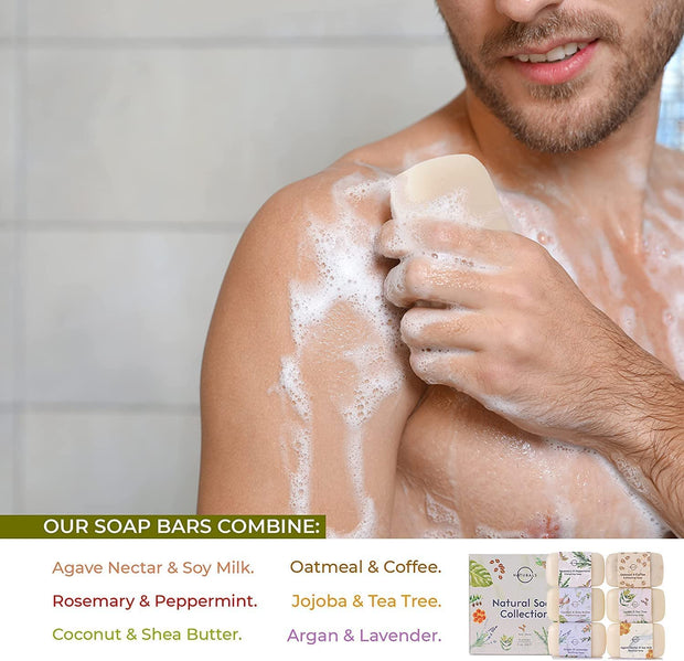 O NATURALS 100% Natural Bar Soap - Gift Set for Women - Organic Ingredients & Essential Oils - Spa Gifts for Women & Men, Body Wash Soap Bar - 6PC Natural Collection