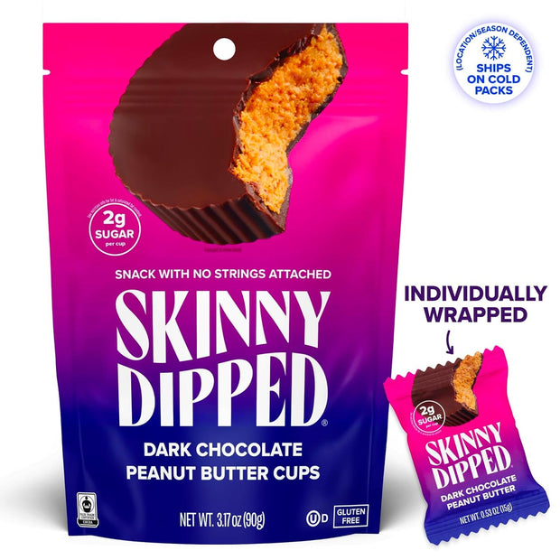 SkinnyDipped Dark Chocolate Peanut Butter Cups, 2g Sugar per Cup, Keto Friendly, No Stevia, Gluten Free, 3.2oz, 1 Pack (6 Cups Total)