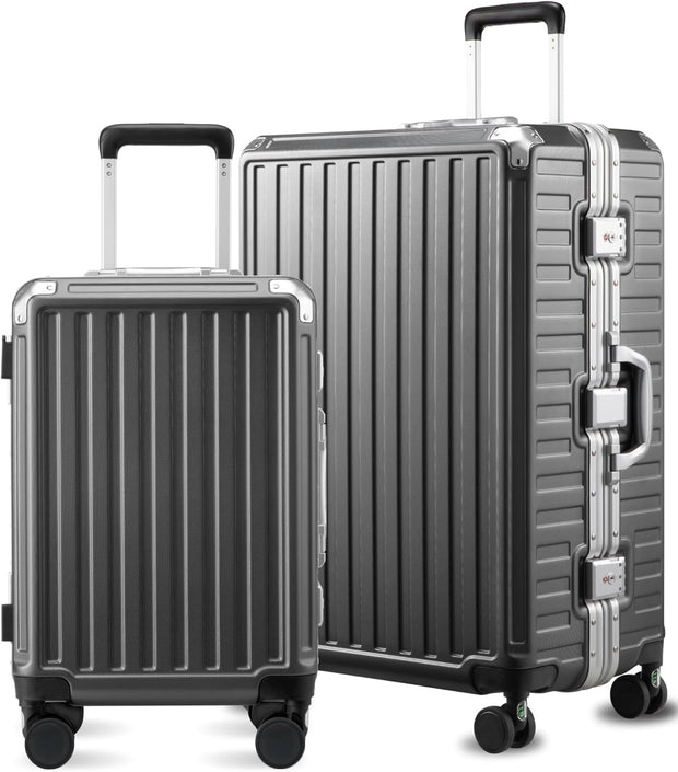 LUGGEX Checked Suitcase with Spinner Wheels, 28 Inch Aluminum Frame Zipperless Polycarbonate Hard Shell Suitcase, Charcoal Metallic