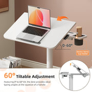 Mobile Standing Desk with Storage Base, 60° Tiltable Rolling Laptop Desk, Height Adjustable Portable Table with 4 Lockable Wheels for Home Office, White