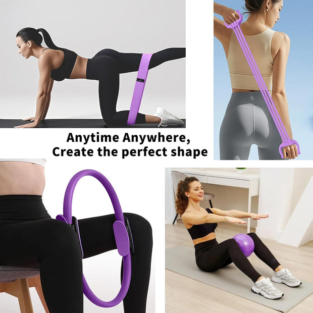 Pilates Ring Set, Home Exercise Pilates Equipment, Including A 14.9-Inch Pilates Ring, A 9.8-Inch Ball, Resistance Bands, and Accessories – A Fitness Gift for Pilates Enthusiasts.