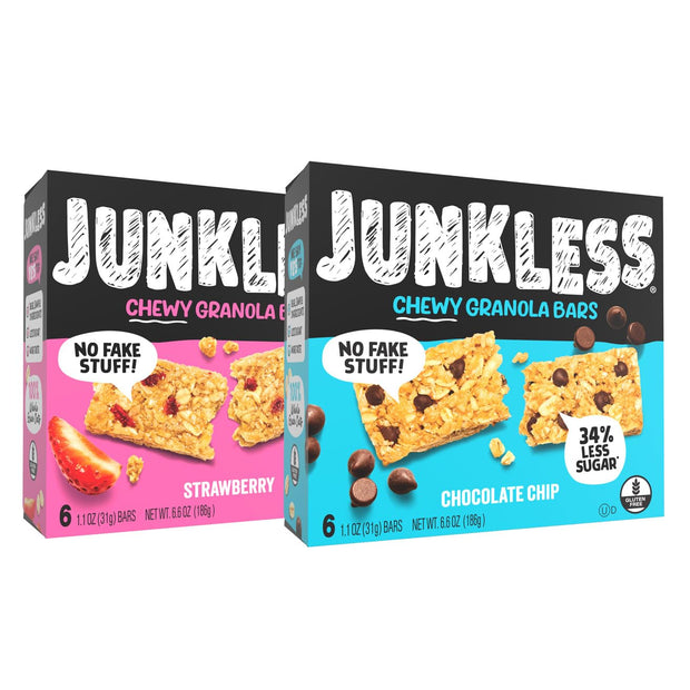 JUNKLESS Chewy Granola Bar 4‑Flavor Variety Pack (24 Bars)–Non‑GMO, Gluten‑Free, Less Sugar Snack Bars— Chocolate Chip, Peanut Butter Chocolate Chip, Cinnamon Roll & Real Strawberry, 4 Boxes
