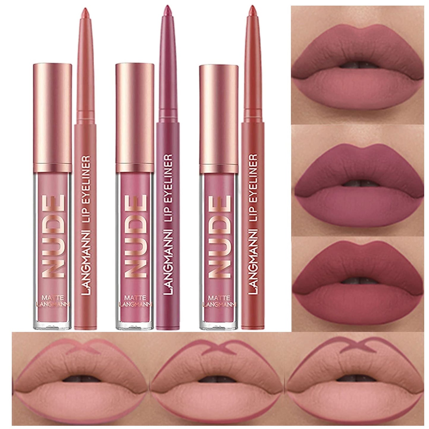 BestLand 6Pcs Matte Liquid Lipstick and Lip Liner Set, Non-Stick Cup Not Fade Waterproof 24 Hour Lip Gloss Nude Brown Lip Liner Pencil for Women, labiales mate 24 horas originales (Set E)