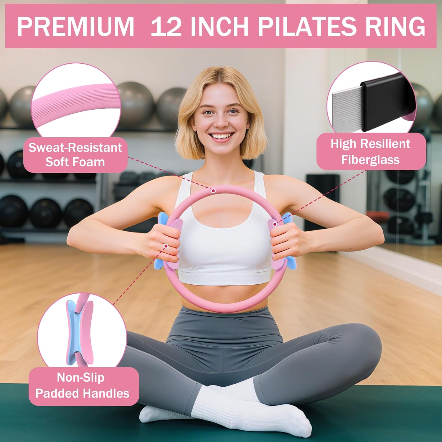 Home Pilates Essentials Kit for Women Pink Ring and Ball Pilates Set Equipment, Magic Circle with 5 Resistance Bands Premium Accessories Kits for Starter Toning Workouts at Home
