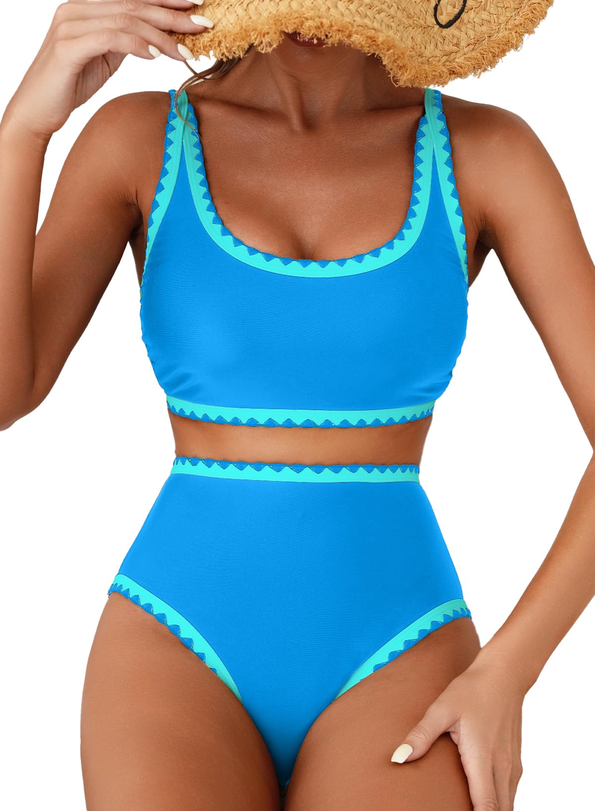 Herseas Women's Bikini Sets Floral Print Whip Stitch 2 Piece Swimsuits High Waisted Scoop Bathing Suits