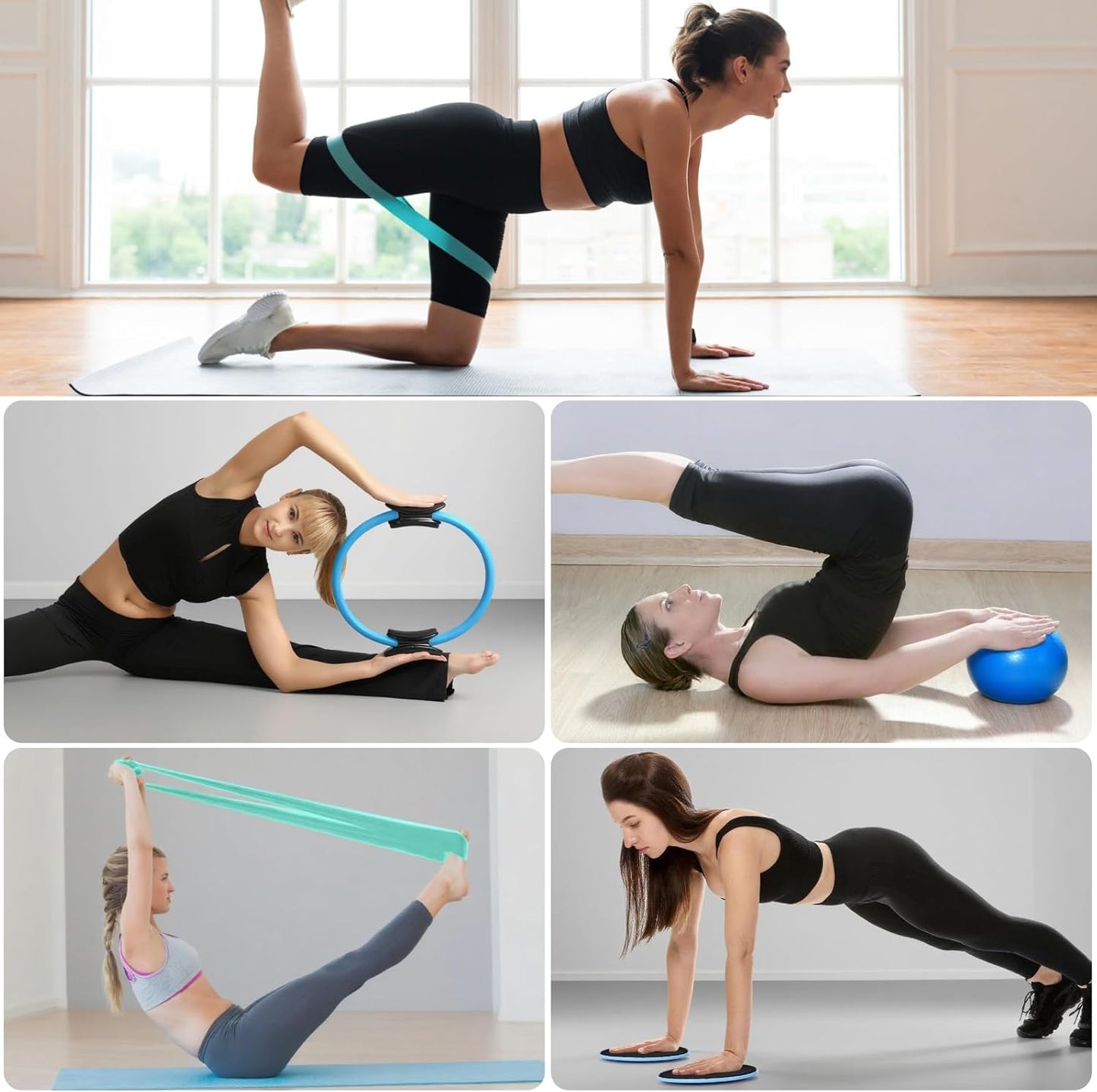 Pilates Ring Set, Pilates Essentials Kit for Home Workouts Women, Yoga Equipment Set with 14 Inch Magic Circle, 9.8” Ball, 5 Resistance Bands, 3 Long Stretch Bands, Core Sliders, Non-slip Socks