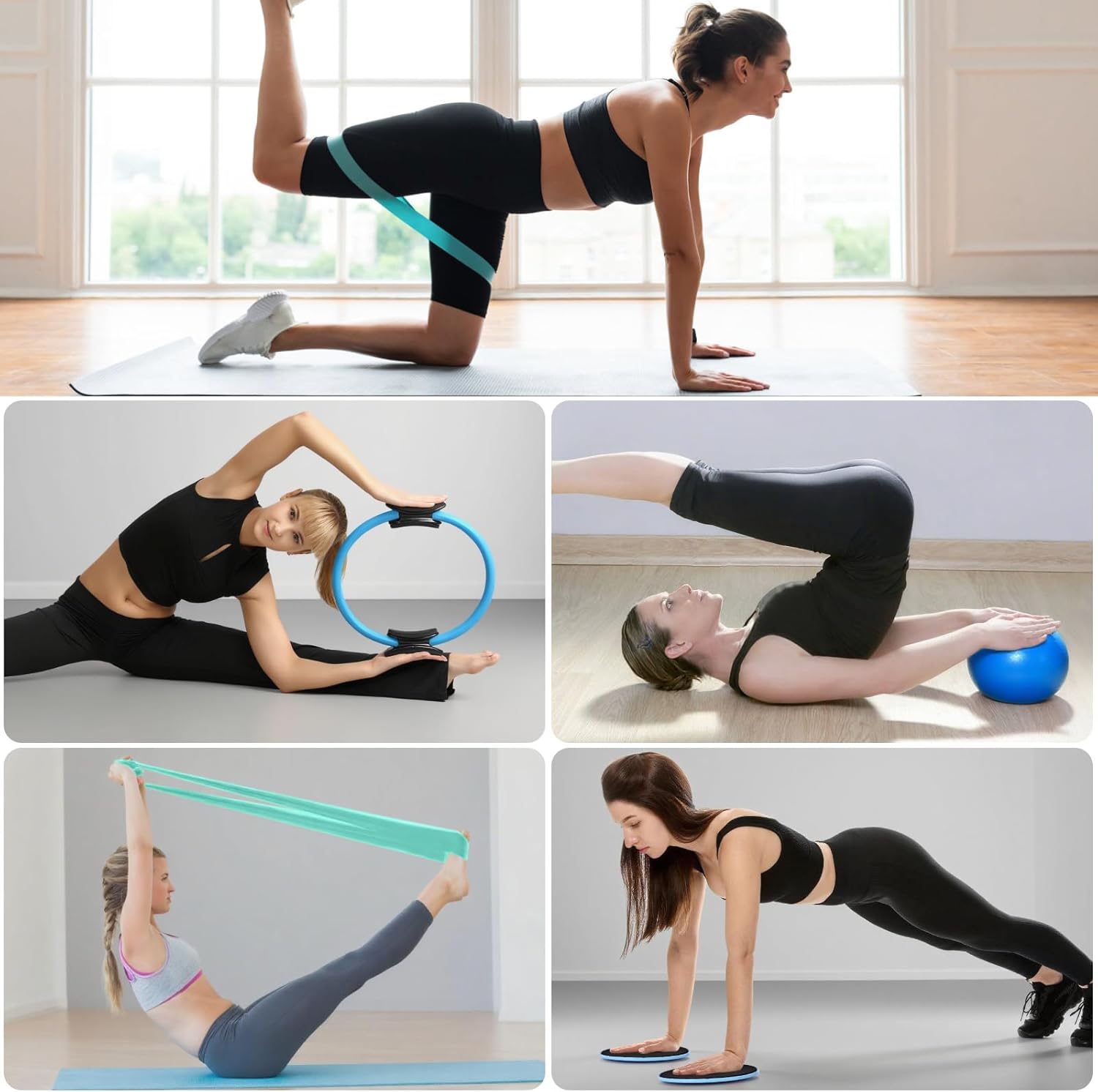 Pilates Ring Set, Pilates Essentials Kit for Home Workouts Women, Yoga Equipment Set with 14 Inch Magic Circle, 9.8” Ball, 5 Resistance Bands, 3 Long Stretch Bands, Core Sliders, Non-slip Socks