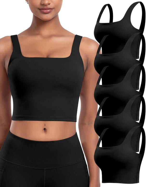 Womens Sports Bras 5 Packs - Square Neck Longline Workout Crop Tank Tops Padded Yoga Camisole with Built in Pads
