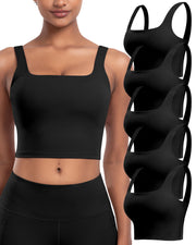 Womens Sports Bras 5 Packs - Square Neck Longline Workout Crop Tank Tops Padded Yoga Camisole with Built in Pads