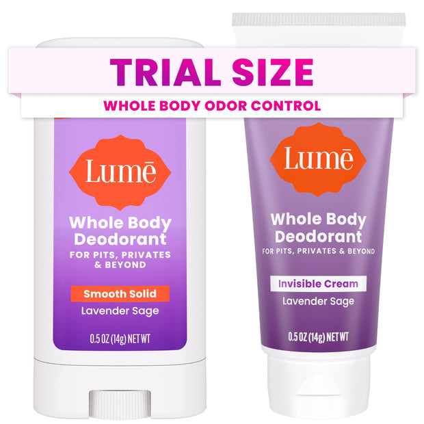 Lume Whole Body Deodorant - Invisible Cream + Solid Stick Mini Bundle - 72 Hour Odor Control - Aluminum & Baking Soda Free, Skin Loving - 0.5 Ounce Each - Travel, Trial Size Minis (Clean Tangerine)