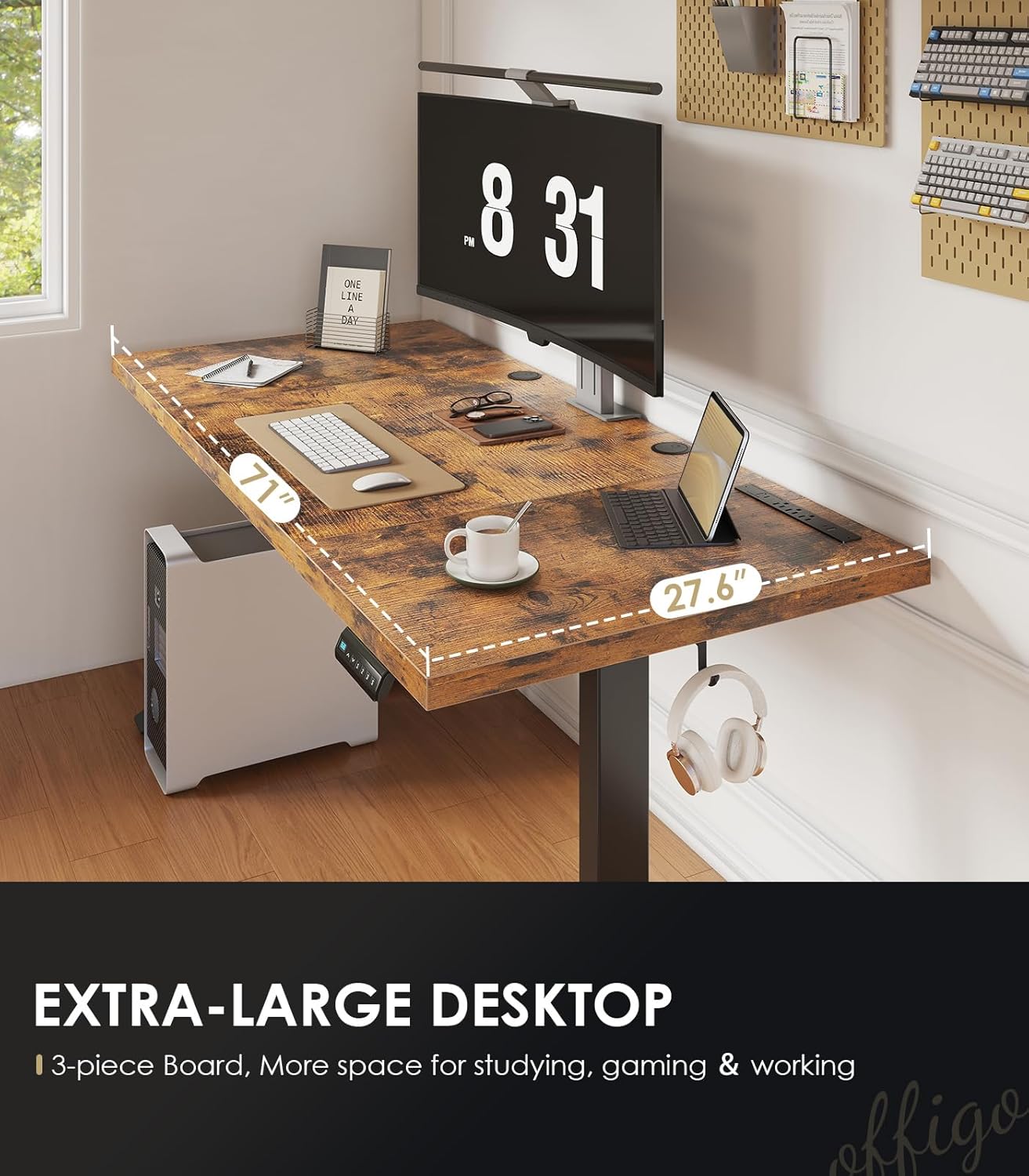 Electric Standing Desk with 3-Piece Board, 71 Inch Height Adjustable Large Desk with Power Outlets, Sit Stand Table, Writing Computer Desk for Home, Office, Workstation, Rustic Brown