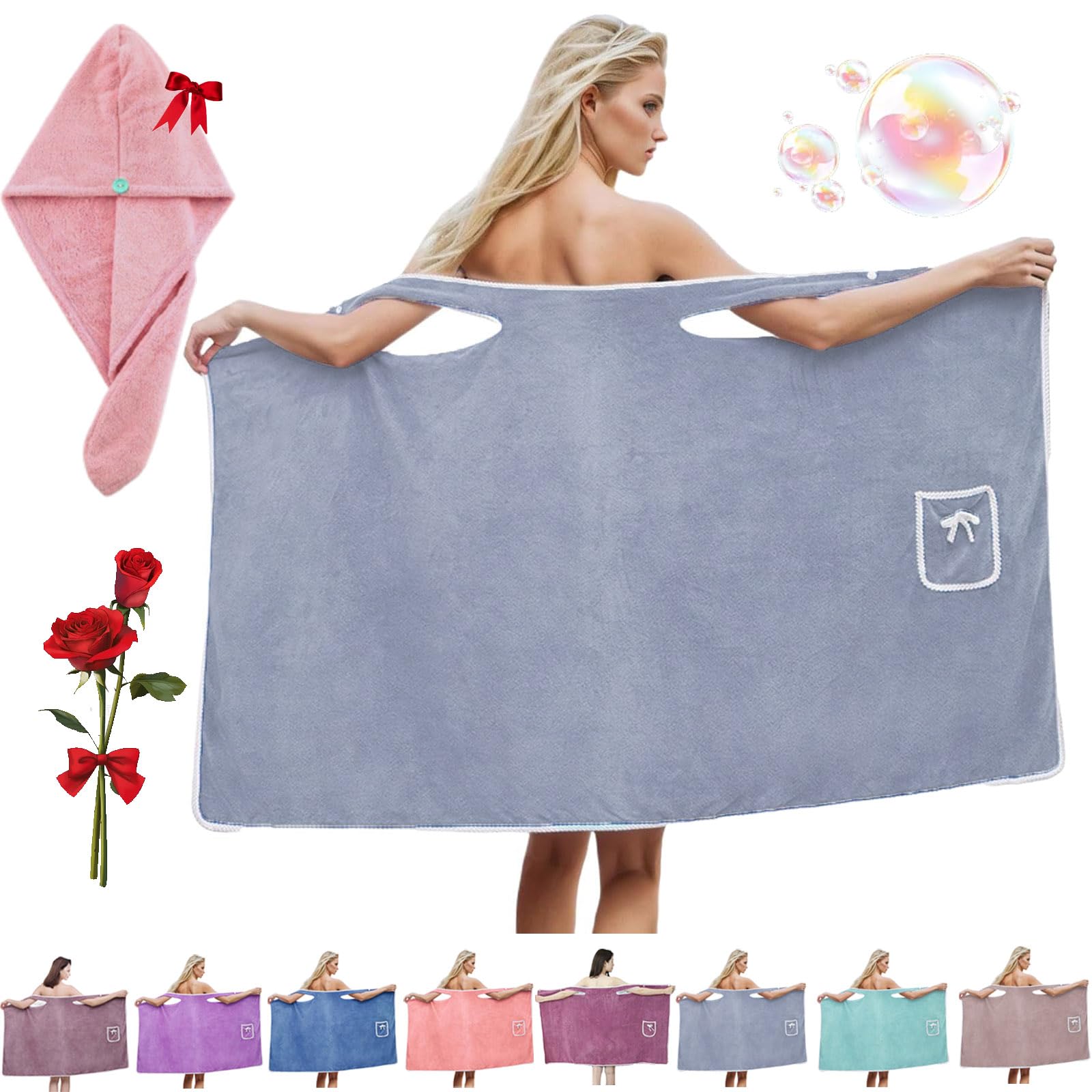 Plus Size Women's Wearable Shower Skirt, Plus Size Coral Fleece Absorbent Bath Skirt Bath Wraps, Water Absorption, 2-Button Design Adjustable Closure, Soft Friendly (Purple,Large)