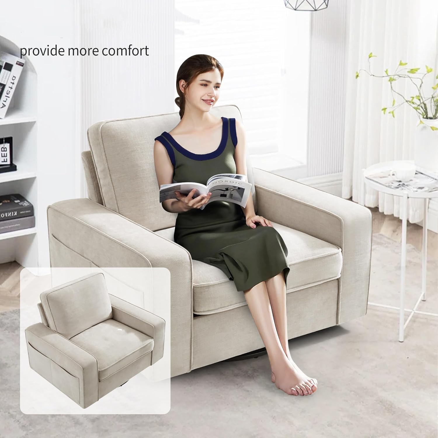 BEDHOURS Swivel Accent Chair for Living Room and Bedroom Single Sofa Chair Soft&Breathable Chenille Fabric Padding with Extra Wide Armrest Washable Detachable Cover(Chenille, Begie)