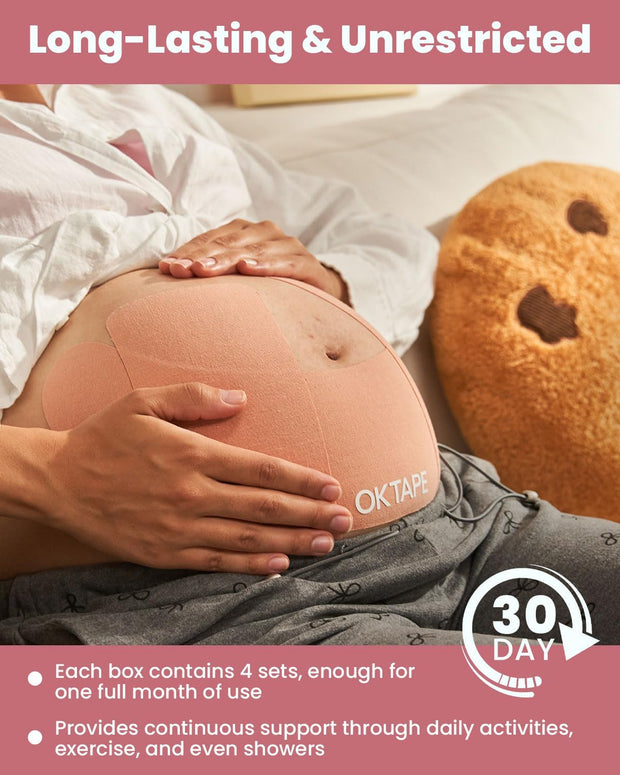 OK TAPE Pregnancy Belly Band Tape, for Belly Pain, Back Pain Relief, Swelling Relief, Non-irritant Physical Belly Support Tape for Pregnant Women, Precut 12 Strips, 4 Sets - Week 27 onwards