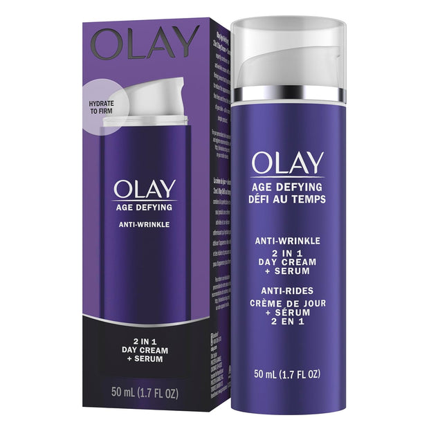 Olay Face Serum, Age Defying Anti-Wrinkle 2-in-1 Day Cream - Anti-Aging, Anti-Wrinkle, Smooths Fine Lines and Wrinkles, Firming, Lifting - Niacinamide, Glycerin, Aloe Vera, 1.7 Oz