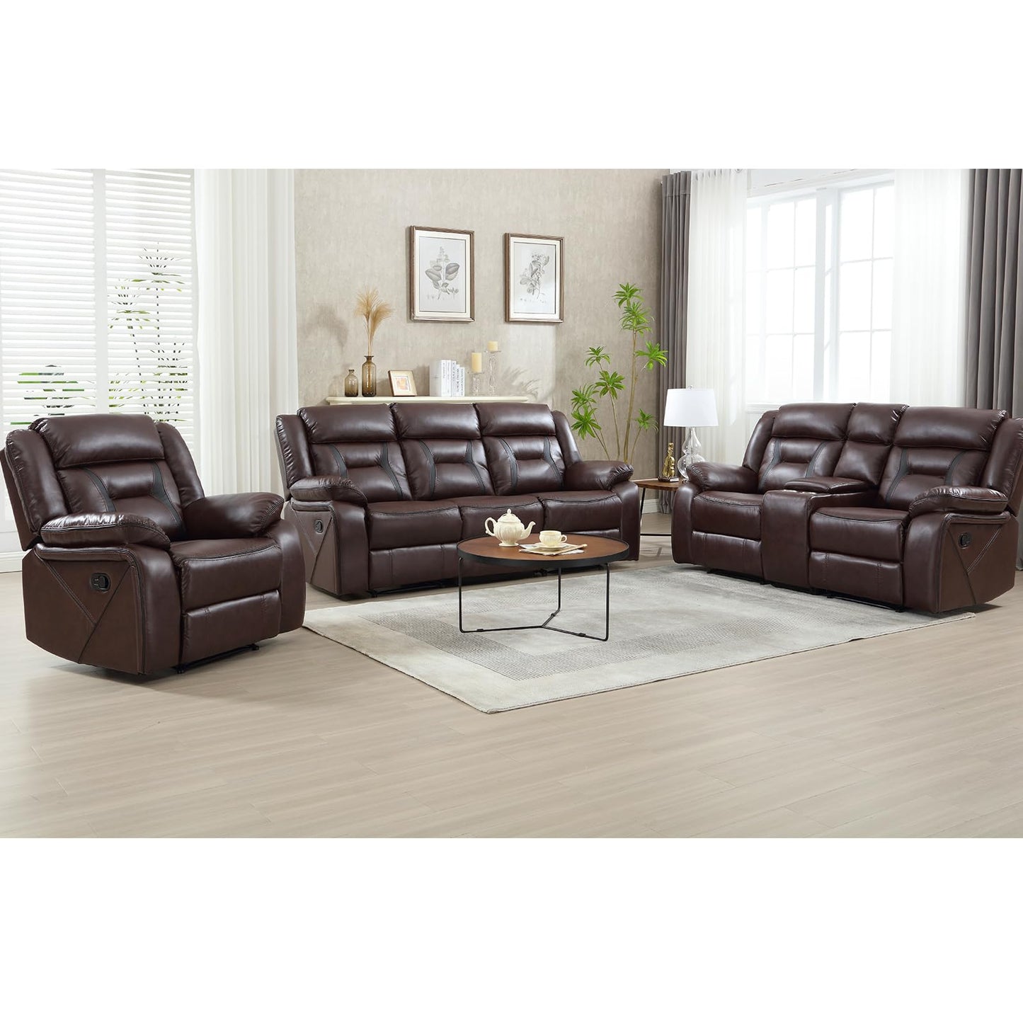 Faux Leather Recliner Sofa Furniture Set for Living Room, 2 Recliner Chairs, 3 Seat Reclining Sofa Couch Set for Meeting Room, Brown