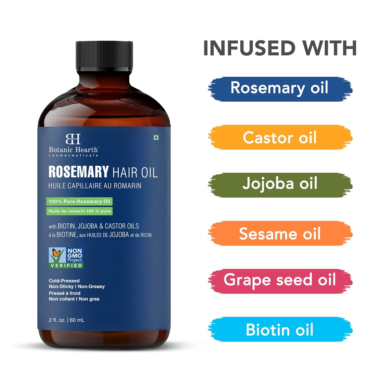 Botanic Hearth 100% Pure Rosemary Oil For Hair (2 Fl Oz) Infused With Biotin, Jojoba & Castor Oil | Hair Strengthening Treatment | Nourishing & Volumizing | Non Gmo Verified
