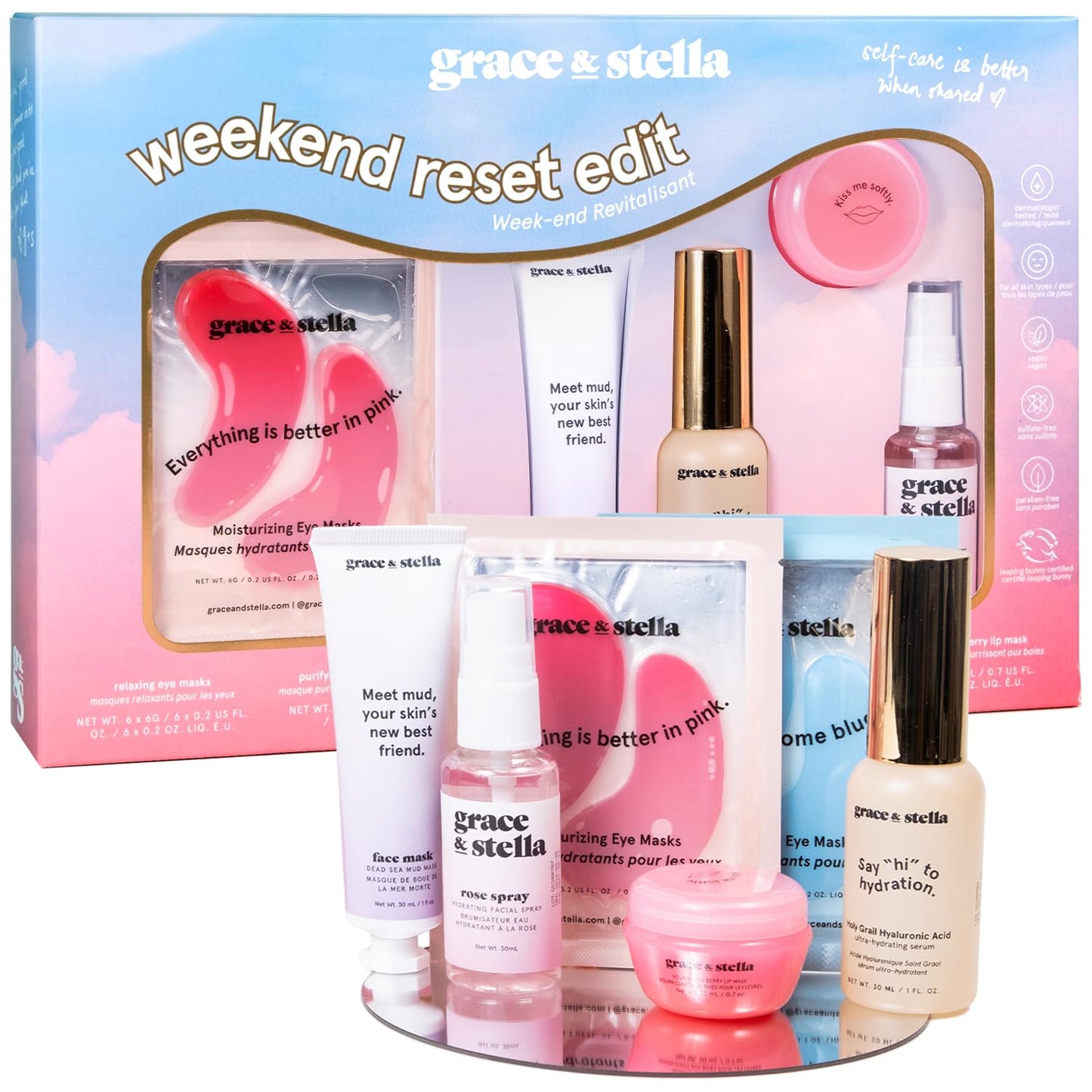 grace & stella Award-Winning Skin Care Set - Birthday Gifts for Women - Travel Essentials with Gold Eye Masks, Hyaluronic Acid Serum & Rose Spray - Bachelorette Party Favors, Teen Girl Gifts - Vegan