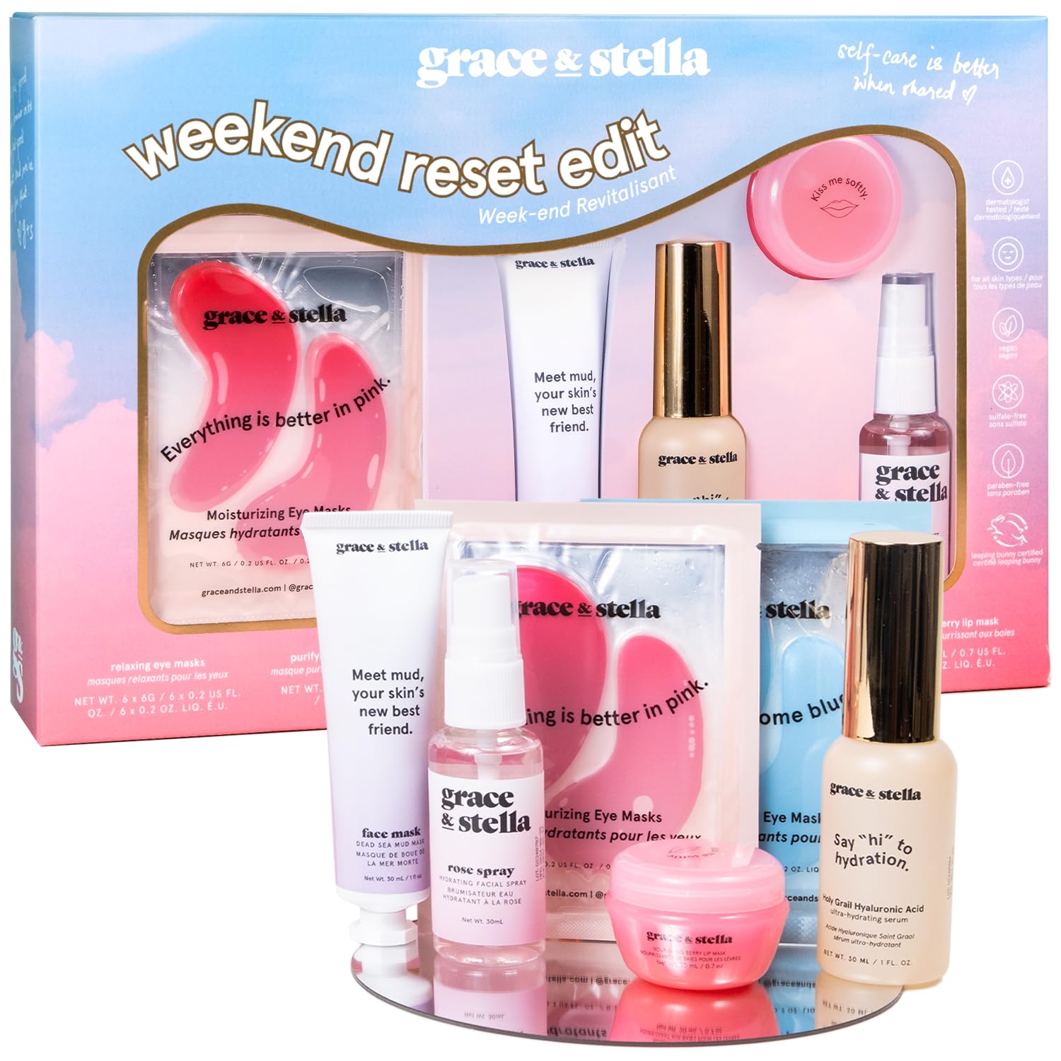 grace & stella Award-Winning Skin Care Set - Birthday Gifts for Women - Travel Essentials with Gold Eye Masks, Hyaluronic Acid Serum & Rose Spray - Bachelorette Party Favors, Teen Girl Gifts - Vegan