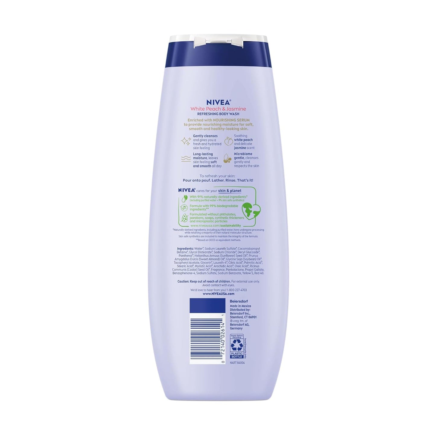 NIVEA Refreshing White Peach and Jasmine Body Wash with Nourishing Serum, Scented Body Wash for Women, Enriched with Provitamin B5 and Vitamin E, 20 Fl Oz Bottle