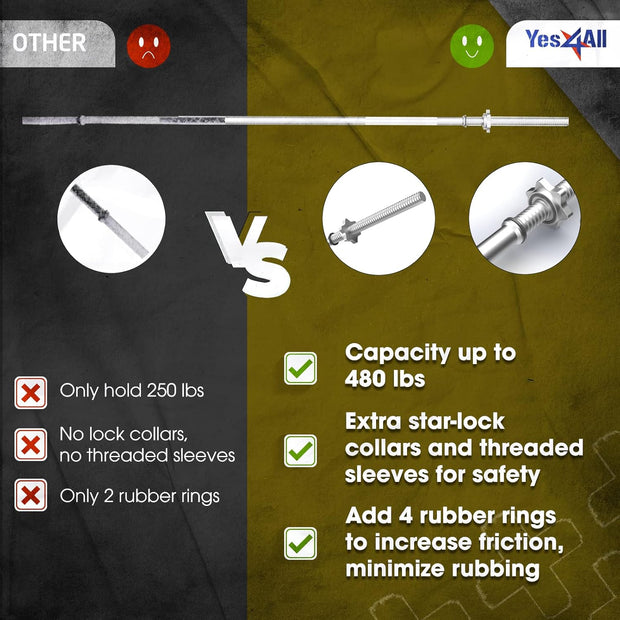 Yes4All 480LB Standard Straight Barbell 60" & EZ Curl Bar 47", Weight Bar 1" Diameter - Star Lock Collars & Rubber Ring for Deadlifts, Squats