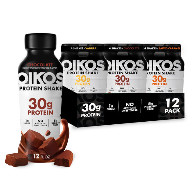 Oikos Protein Shake, Chocolate, 30g High Protein Drinks, Shelf Stable, Ready to Drink, 5g Prebiotic Fiber, 12 fl oz Bottle, 12 Count​