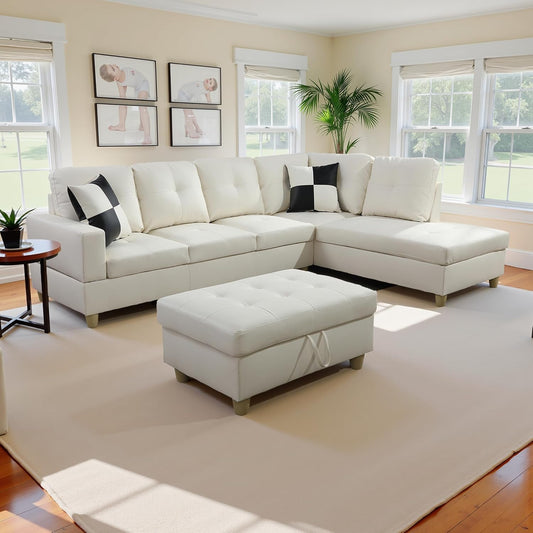 Sectional Couch 103.5" L Shaped Couch Comfy Futon Bed Upholstered Faux Leather 3 Pieces Living Room Furniture Sets with Ottoman and High Density Sponges for Living Room, White