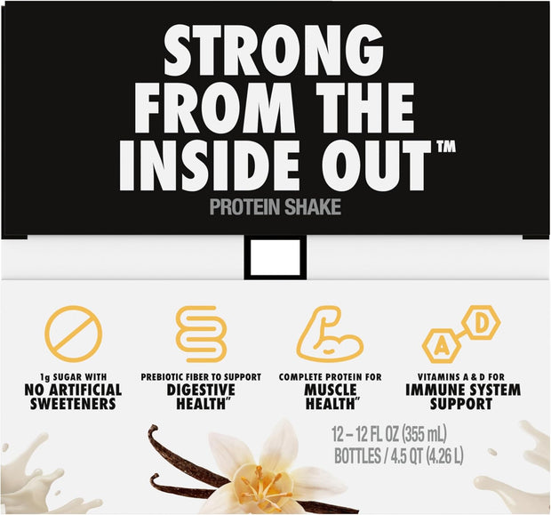 Oikos Protein Shake, Vanilla, 30g High Protein Drinks, Shelf Stable, Ready to Drink, 5g Prebiotic Fiber, 12 fl oz Bottle, 12 Count​