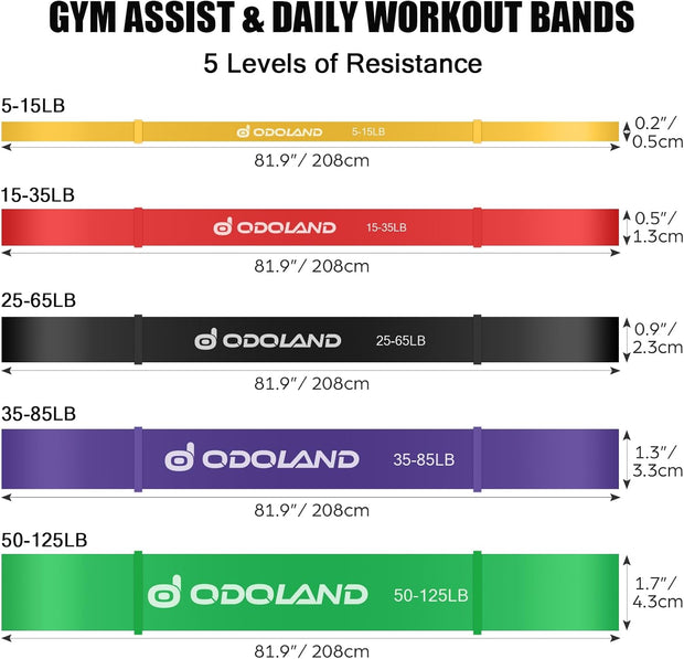 Odoland 5 Packs Pull Up Assist Bands, Pull Up Straps, Resistance Bands with Door Anchor and Handles, Stretch Mobility, Powerlifting and Extra Durable Exercise Bands with eGuide
