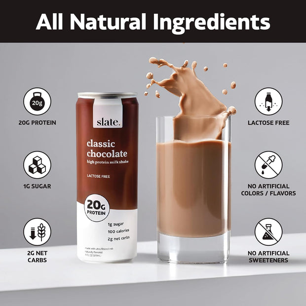 Slate Milk - High Protein Milk Shake - Core Variety Pack - Classic Chocolate, Dark Chocolate, French Vanilla - Lactose Free, 20g Protein, 1g Sugar, 100 Calories, 1-2g Net Carbs - 11 fl oz, 12 Cans